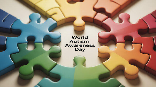 Colorful puzzle pieces arranged in a circle with text 'World Autism Awareness Day' in the center
