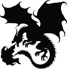Fire Breathing Dragon Silhouette Vector | Flying Mythical Beast Illustration