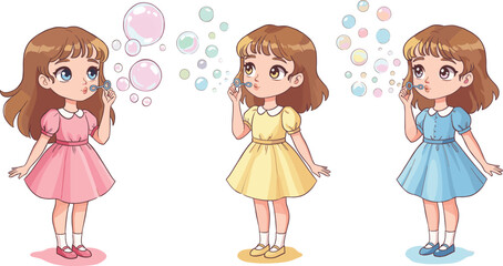 Cartoon girls blowing bubbles, colorful dresses and playful expressions, cheerful childhood activity illustration, pastel bubble variety, fun outdoor moment, character design concept
