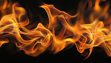 Abstract image of flowing orange and yellow flames against a stark black background, showcasing dynamic, swirling patterns of fire