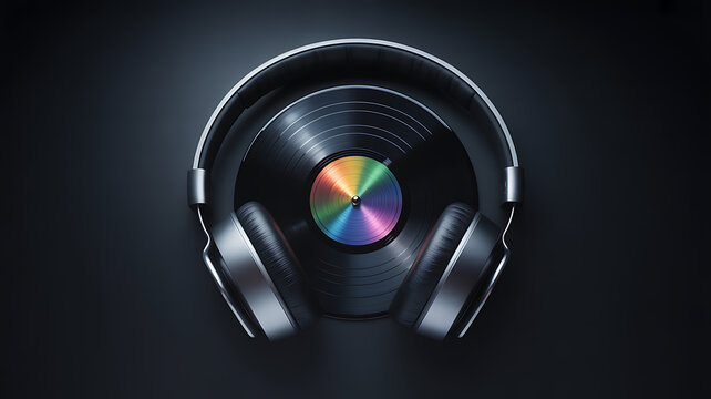 Over-ear headphones with vinyl record design on dark background