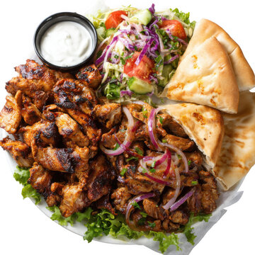 Juicy grilled arabic peri peri chicken shawarma platter with kuboos, pita bread and salad [Transparent Background PNG].