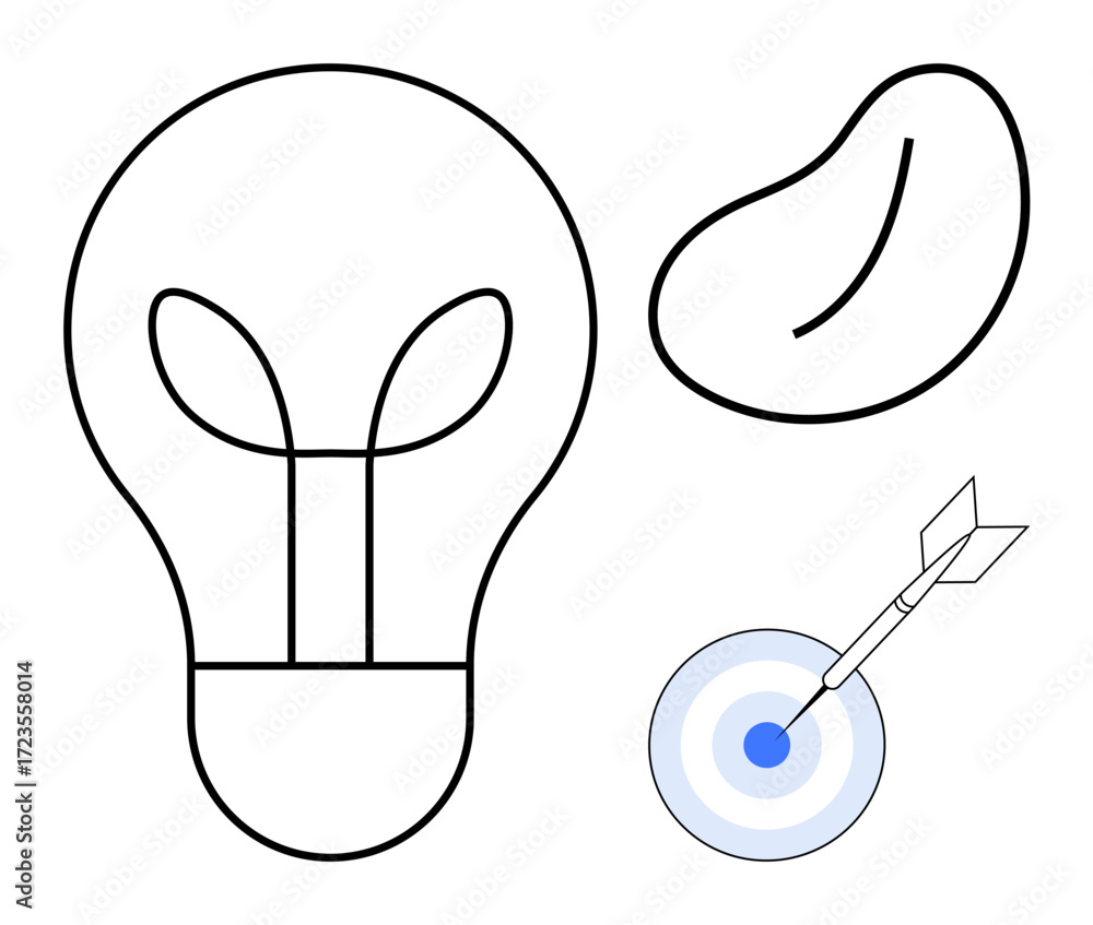 Poster outline of a lightbulb with sprout inside, minimal bean shape, and arrow striking target. ideal for 