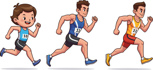 Cartoon male runners racing on track, energetic sports illustration, competitive athletic scene, playful character design, motion and speed concept, outdoor activity theme