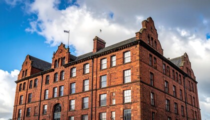 Obraz premium A multi-story brick building under a partly cloudy sky