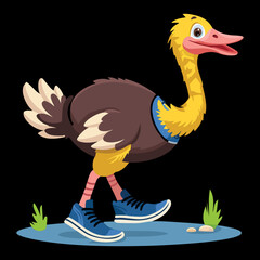 Full-Sized Ostrich Running with Great Speed and Agility Across a Barren Landscape Against a Dark Background	