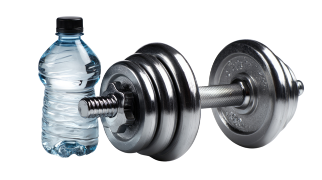 Fitness Essentials: A studio shot of a gleaming dumbbell and refreshing water bottle, symbolic of the fitness journey and healthy hydration.