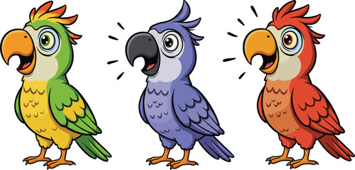 Cartoon parrots singing together, colorful bird illustration, expressive tropical characters, vibrant feathers and beaks, cheerful vocal scene, exotic wildlife concept
