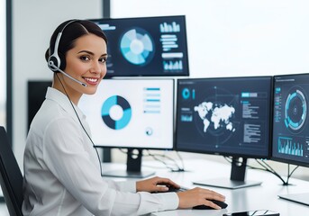 Smiling woman working at her desk in modern office analyzing data on multiple monitors with headset, showcasing professionalism and efficiency.