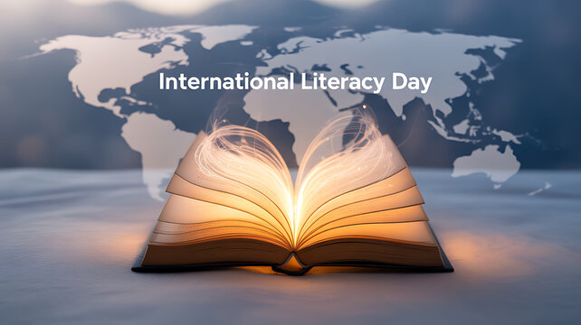 International Literacy Day celebrated with glowing open book against world map background