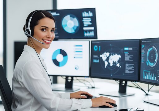 Smiling woman working at her desk in modern office analyzing data on multiple monitors with headset, showcasing professionalism and efficiency.