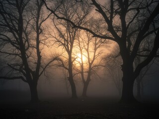 Silhouetted bare trees stand in thick fog, backlit by a warm, glowing sun creating an atmospheric and mystical forest scene.