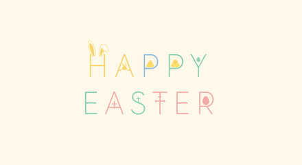A minimalist 'Happy Easter' greeting with colorful, stylized typography on a cream background, featuring letters adorned with festive icons like bunny ears and an egg.