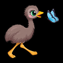 This curious brown cartoon emu chick stands calmly, intently gazing at a beautiful blue and black butterfly perched delicately near its beak in a sweet moment	