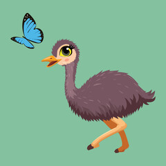 A charming cartoon emu chick pauses in a meadow to gently observe a delicate blue butterfly fluttering above its head on a bright sunny day	
