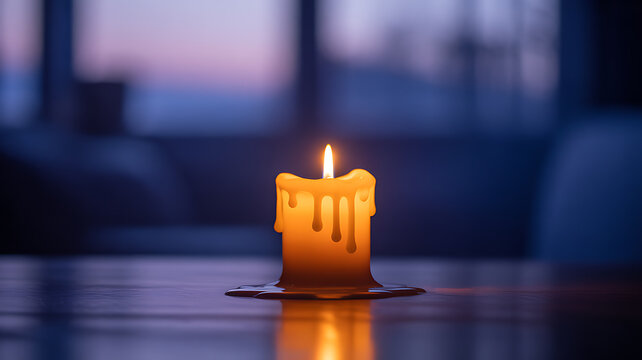 A lit candle with melted wax on a reflective surface during twilight