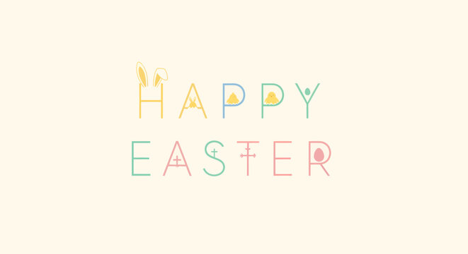 A minimalist 'Happy Easter' greeting with colorful, stylized typography on a cream background, featuring letters adorned with festive icons like bunny ears and an egg. - Powered by Adobe