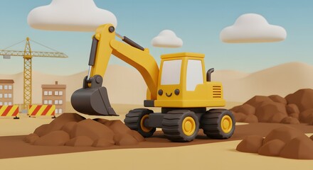 Cute 3D Cartoon Excavator at a Construction Site with Dirt Piles and Crane
