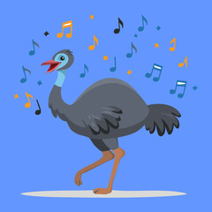 A joyful cartoon cassowary is happily singing with musical notes floating around its head, expressing a passion for music and a cheerful, upbeat mood, vector art	