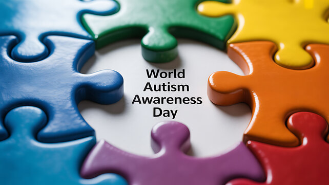Colorful puzzle pieces forming a circle with text 'World Autism Awareness Day' in the center