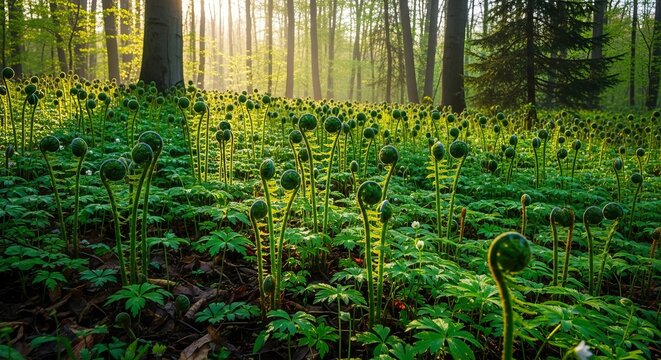 Sunlight streams through a lush forest, illuminating unfurling fern fronds and vibrant green foliage.
