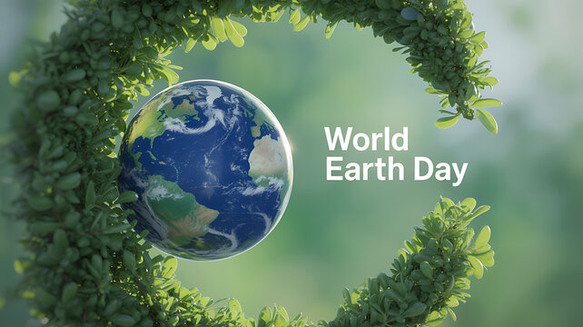 Earth Day celebration with globe surrounded by green foliage forming a circular frame