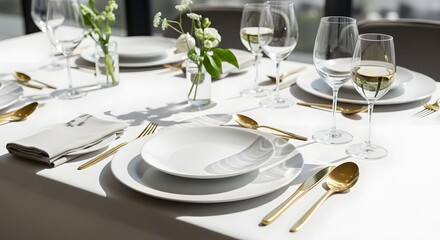 Elegant table setting with white plates, golden cutlery, linen napkin , minimalist fine dining style, bright natural light