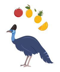 Blue cassowary bird with distinctive red features standing among exotic tropical fruits like apple, pineapple, and citrus slices	