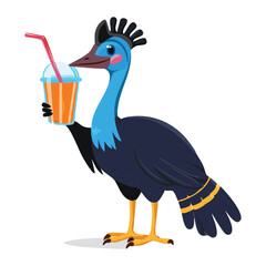 Cool looking cassowary bird with a striped skirt drinking a refreshing sweet juice through a straw on a white background	