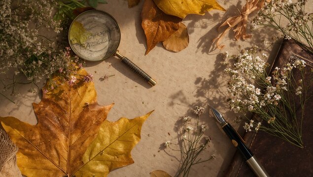 Autumn still life with a magnifying glass, books, dry leaves and flowers. Flat lay composition with notebook, pen, magnifying glass and dry leaves on beige background