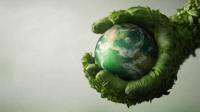 A pair of hands made of green foliage cradling a glowing Earth globe, symbolizing environmental care and nature's protection.