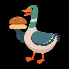 A proud duck in a sailor outfit holding a crusty loaf of fresh whole-wheat bread ready for a delightful picnic	