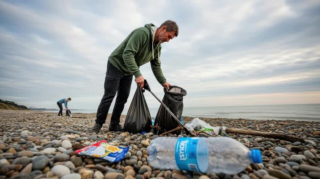 Man picking up trash on a rocky beach with a trash picker and a black bag under a cloudy sky