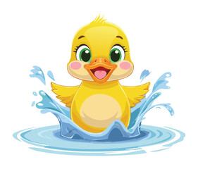 Enthusiastic cute baby duckling with big happy eyes making a big playful splash while taking a fun bath in the water	