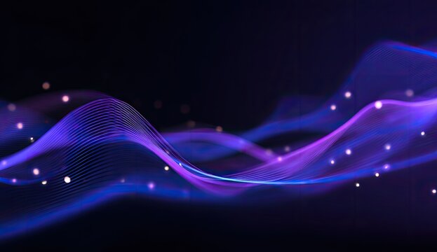 Abstract digital waves of vibrant purple and blue lines, dotted with luminous particles against a deep black background