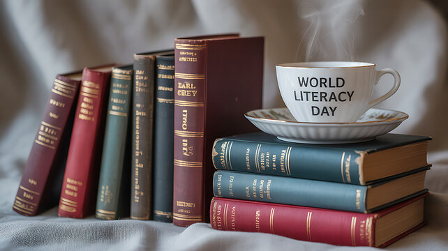 Stack of books with a steaming cup labeled 'World Literacy Day' on top, arranged on a soft fabric background.