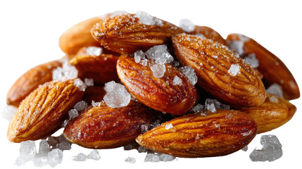 Obraz premium Almonds with Salt: A close-up shot of roasted almonds sprinkled generously with coarse salt crystals, creating a visually appealing contrast in texture and a delightful balance of flavors