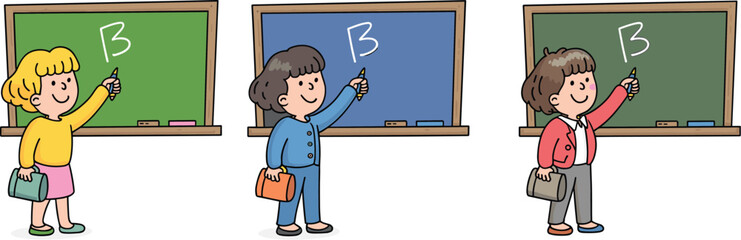 Cartoon school girls writing on chalkboard, happy students in classroom holding chalk, learning education concept, children studying and drawing letters on board illustration