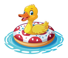 Smiling cartoon baby duck enjoying a sunny day, relaxing on a bright pink and white striped pool float inner tube	