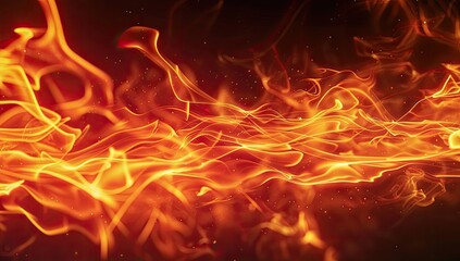 An abstract image depicting a horizontal band of fiery orange and yellow flames against a dark background, showing dynamic movement and texture