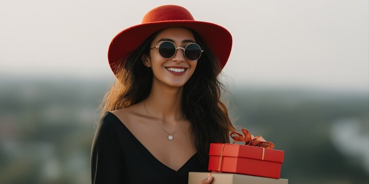 Smiling hispanic young woman in red hat holding gift outdoors - Powered by Adobe