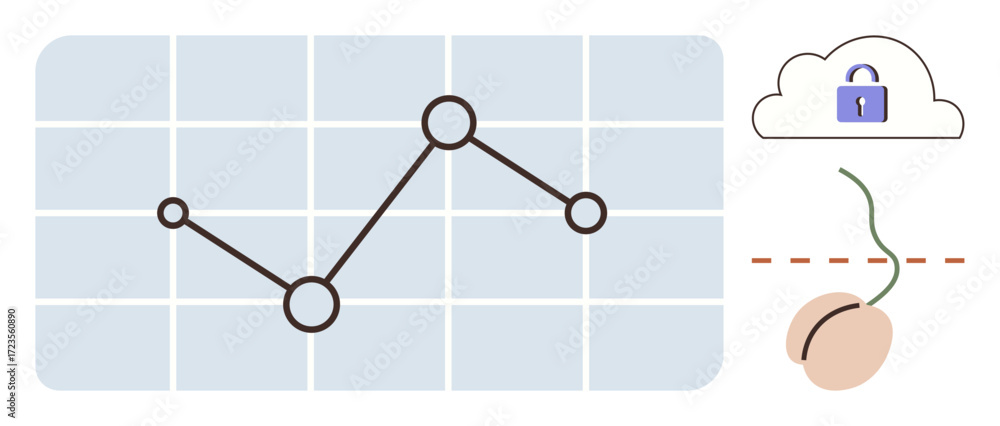 Poster line graph on grid background, cloud with locked padlock, computer mouse with wire. ideal for analyt