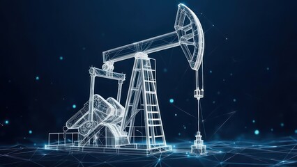Dynamic 3D wireframe of an oil pump jack, symbolizing energy extraction and industrial innovation against a dark blue digital background.