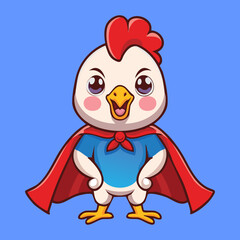 Cute cartoon baby chicken superhero in a red cape, standing proudly and ready to save the day with a cheerful smile	