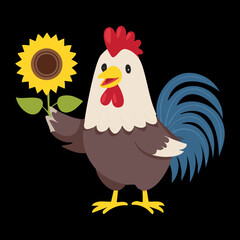 Friendly cartoon rooster holding a large, bright sunflower, celebrating the harvest and sunny days of summer	