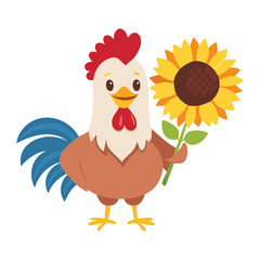 Happy cartoon rooster standing proudly, holding a bright, cheerful sunflower, symbolizing sun and positive energy	