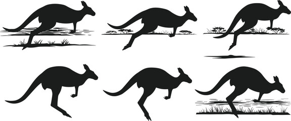 Kangaroo silhouette illustration, animal motion vector, hopping pose, wildlife icon, Australian species, black figure, dynamic movement, nature concept, editable design