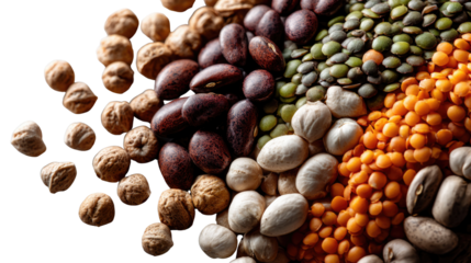 Assorted Pulses and Legumes: An array of vibrant pulses and legumes, artfully arranged in a photorealistic composition, showcasing a diverse collection of nutritious and flavorful food ingredients.