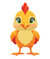 Sweet, small cartoon chick standing upright, featuring soft yellow and orange feathers and a welcoming, cheerful demeanor	