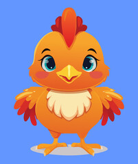 Adorable cartoon baby chicken with large, expressive eyes and a fluffy yellow body, full of youthful joy and energy	